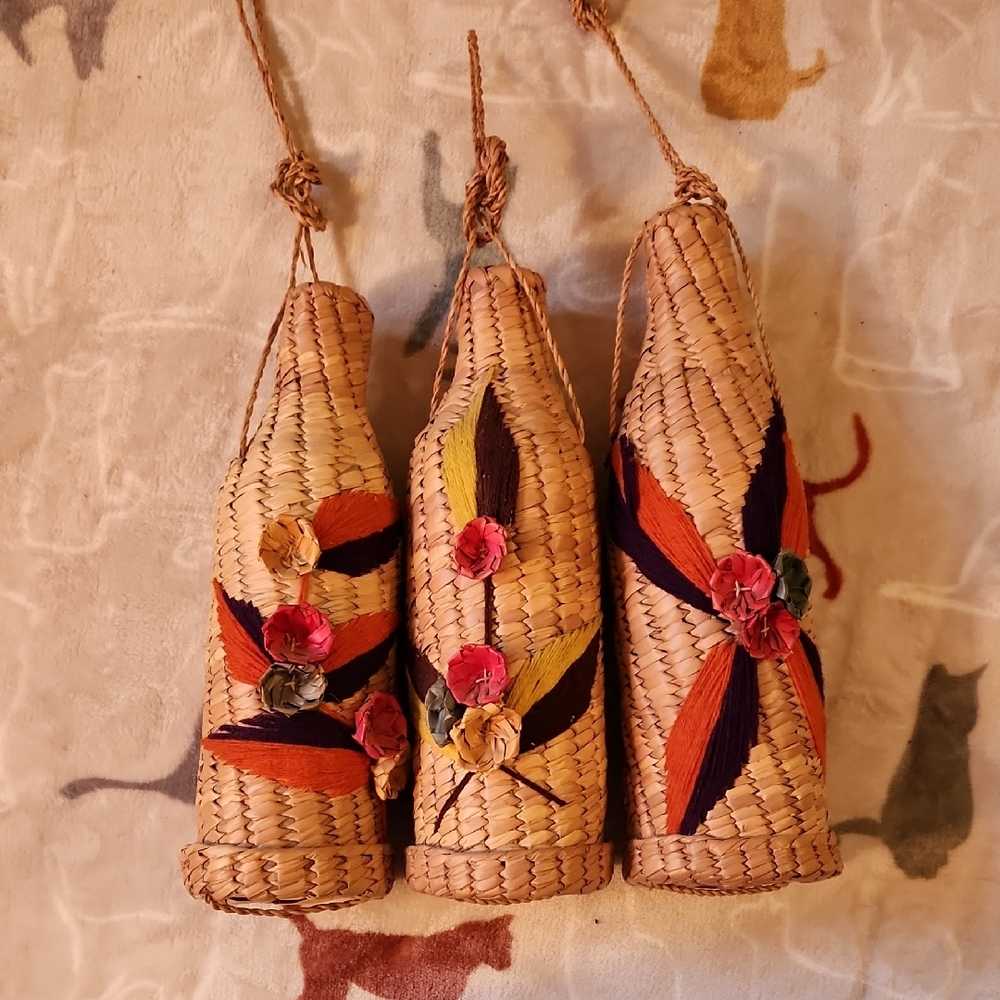 Three Vintage 1970s Straw Wine Bottle Holders
